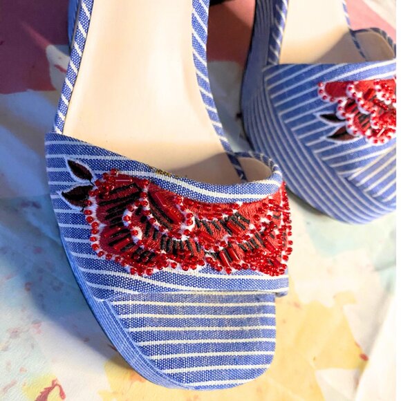 Nine West Blue & White Pinstripe Platform Heels - Picture 5 of 10